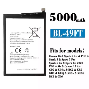 Genuine cell phone battery BL-49FT for Tecno Camon 15 /Camon 15 Air/ Spark 5 Air /Spark 5 / Spark 5 Pro / Spark 6 Go / Spark Go 2020 / POP 4/POP 4 Air